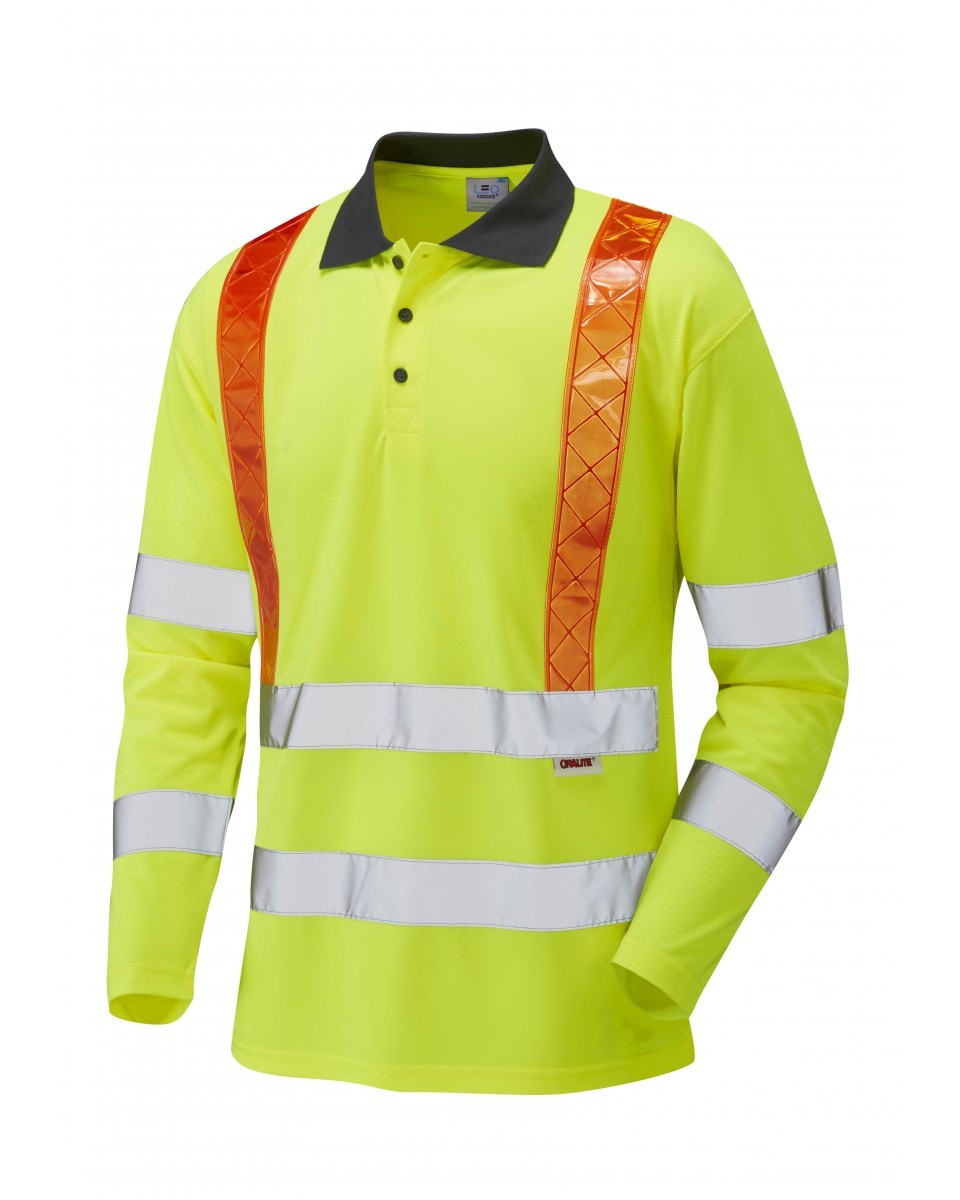 Leo Workwear Bickleton ISO 20471 Cl 3 Orange Brace Coolviz Sleeved Polo Shirt (Ecoviz)