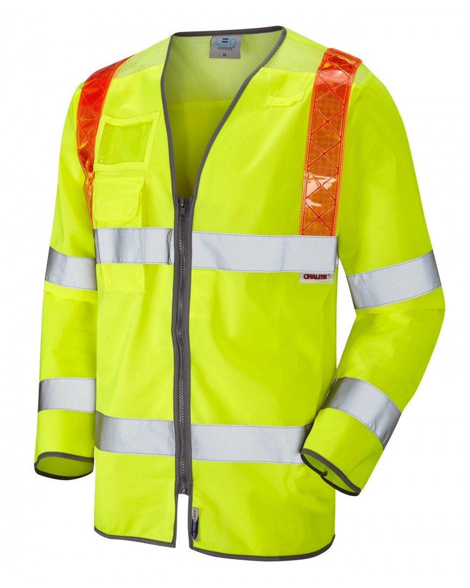 Leo Workwear Barbrook ISO 20471 Cl 3 Orange Brace Sleeved Waistcoat